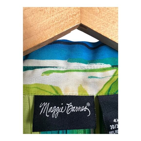 Maggie Barnes Blouse Women's 4X Green Blue Floral Print Pleated Long Sleeve Top - Picture 3 of 6